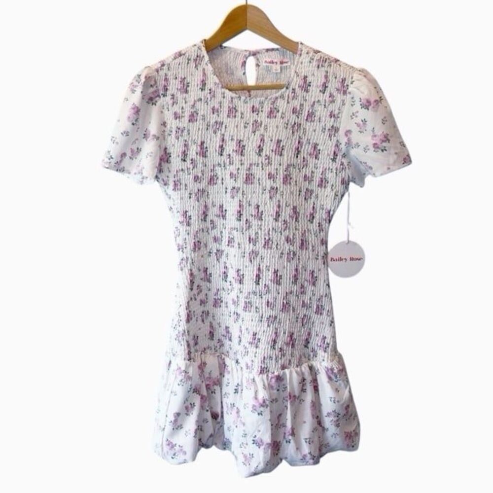 Bailey Rose Floral Mini Dress L Bubble Hem Smocked Cottagecore NWT - Picture 2 of 12